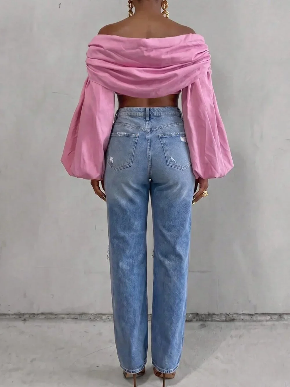 Pink Elegant Women's Casual Ruched Off-Shoulder Cropped Top